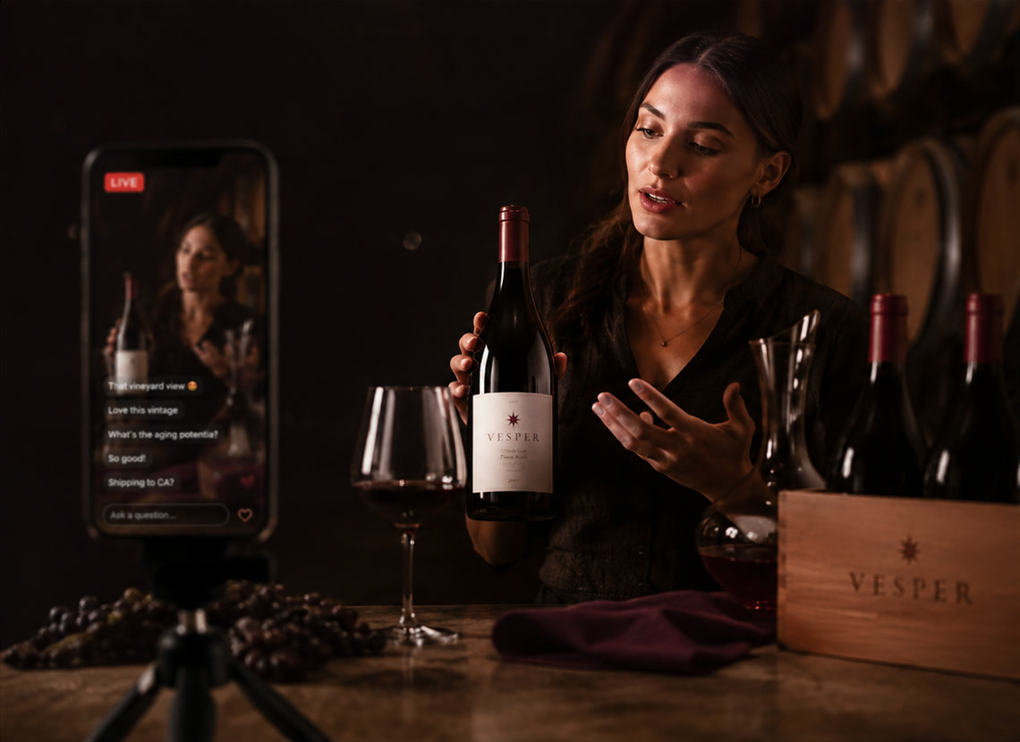 A winemaker holding a bottle of Pinot Noir to a phone on a tripod, broadcasting live from the barrel room while viewer questions scroll on the screen.
